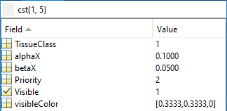 Screenshot of tissue parameters